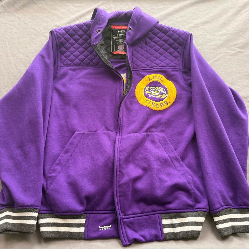 NCAA Franchise Club LSU Purple Varsity Hoodie Jacket with Quilted Shoulders